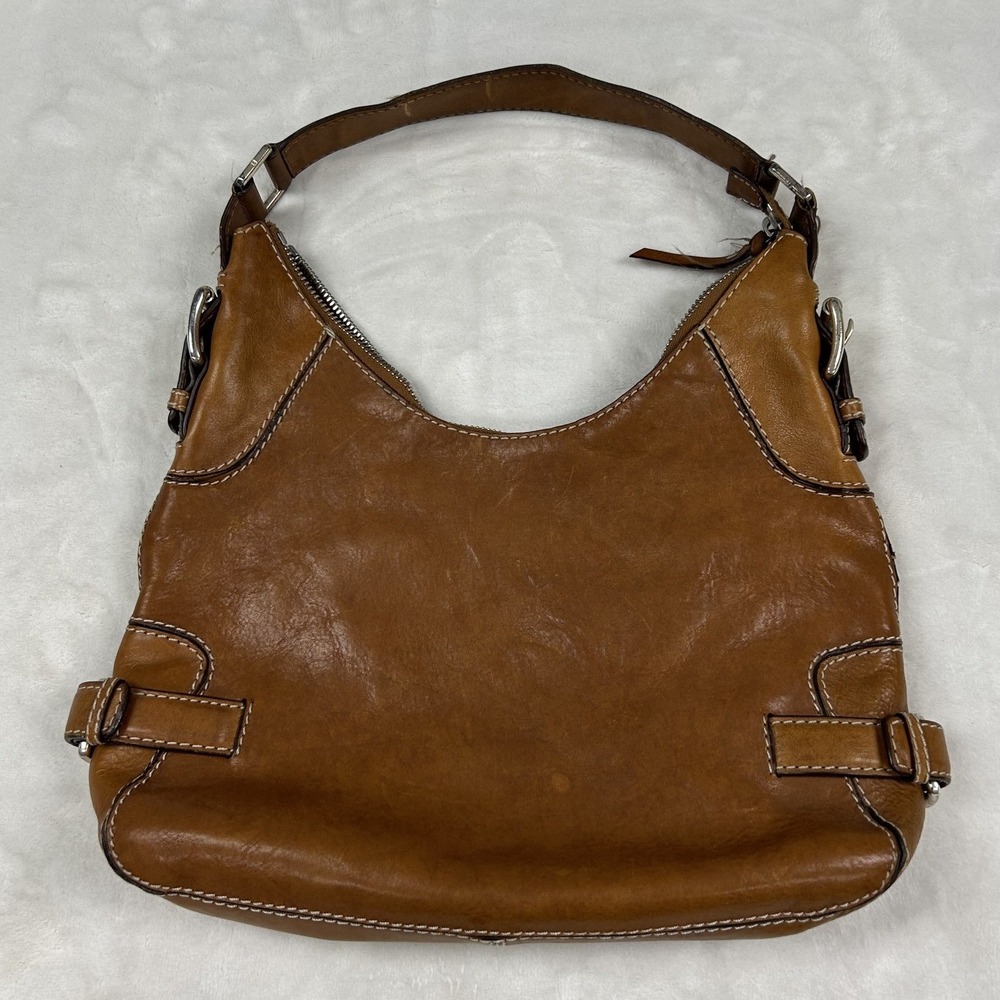 Michael Kors Hobo Bag Womens Small Brown Leather Contrast Stitch Buckle Shoulder